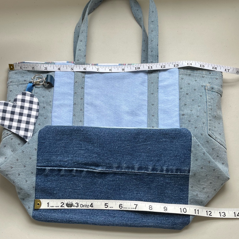Handmade One Of A Kind Denim Heart Accents Upcycled Fabric Shoulder Tote Bag 💙 - Picture 9 of 11